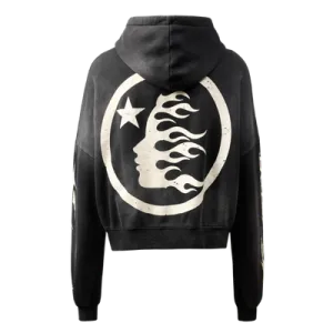 Alternate angle of the black Hellstar pullover hoodie