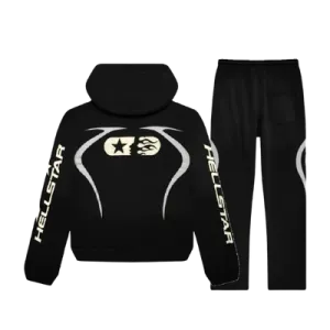 Black Hellstar graphic tracksuit, matching hoodie and joggers set
