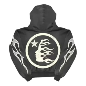 Black Hellstar hoodie back view with cream circular flame logo and flame sleeves