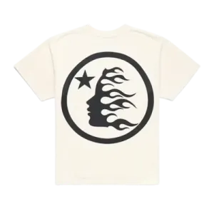 White Hellstar cotton shirt back with black circular flame-face logo