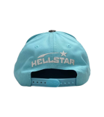 Light blue Hellstar snapback cap with embroidered logo, back view showing snap closure