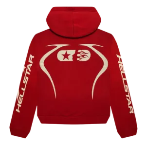 Red Hellstar fleece-lined hoodie back view with cream flame graphics and star logo