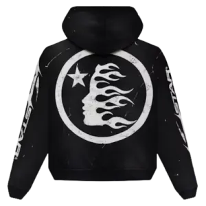 Side profile of the black Hellstar hoodie with H-Star chest logo