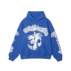 Blue Hellstar graphic hoodie with white Om chest print and sleeve graphics